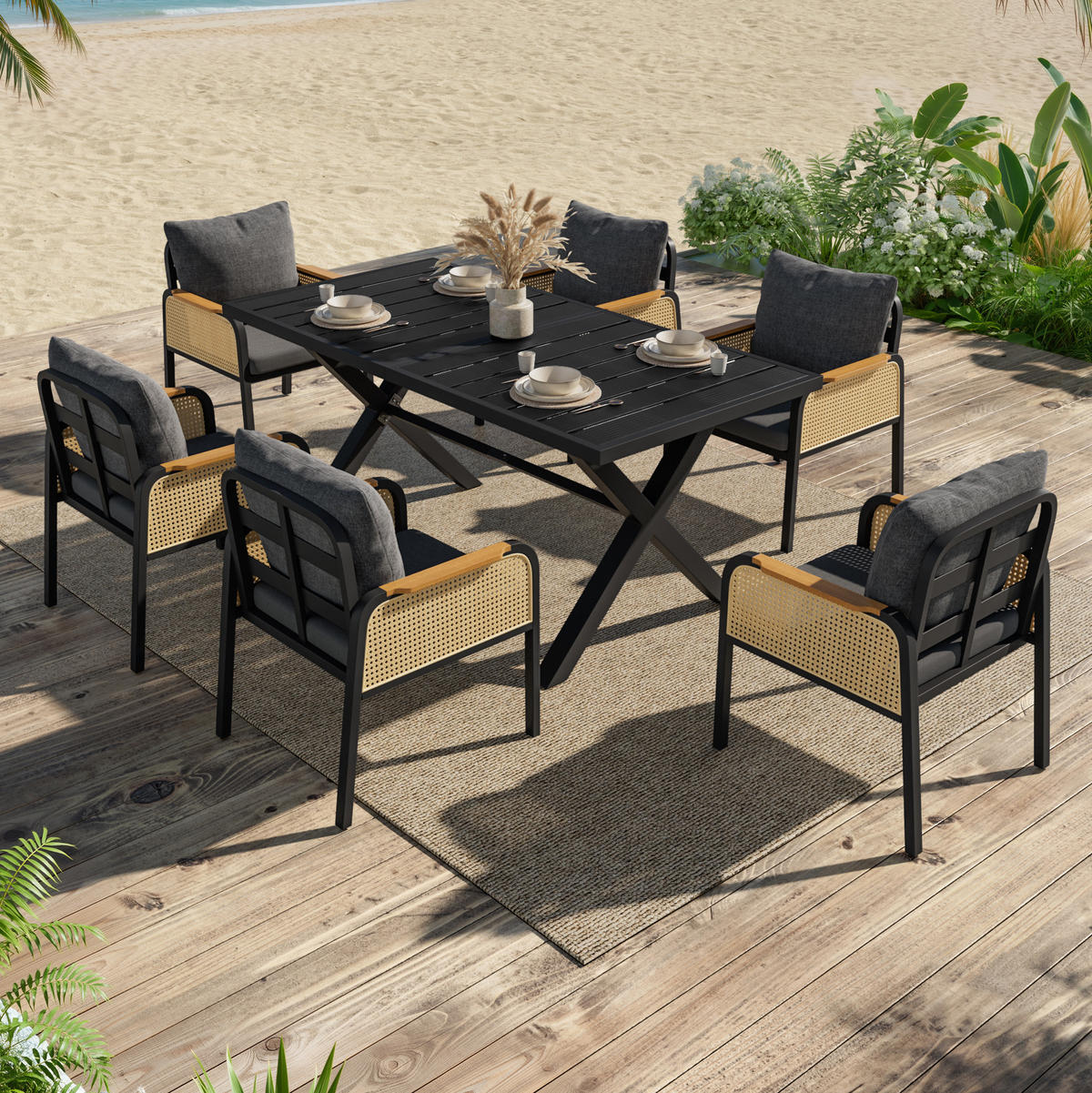GARTENMÖBELSET 148/80/75 cm schwarz/natur aus Eisen mit 6 Stühlen - Naturfarben, Metall - OKWISH