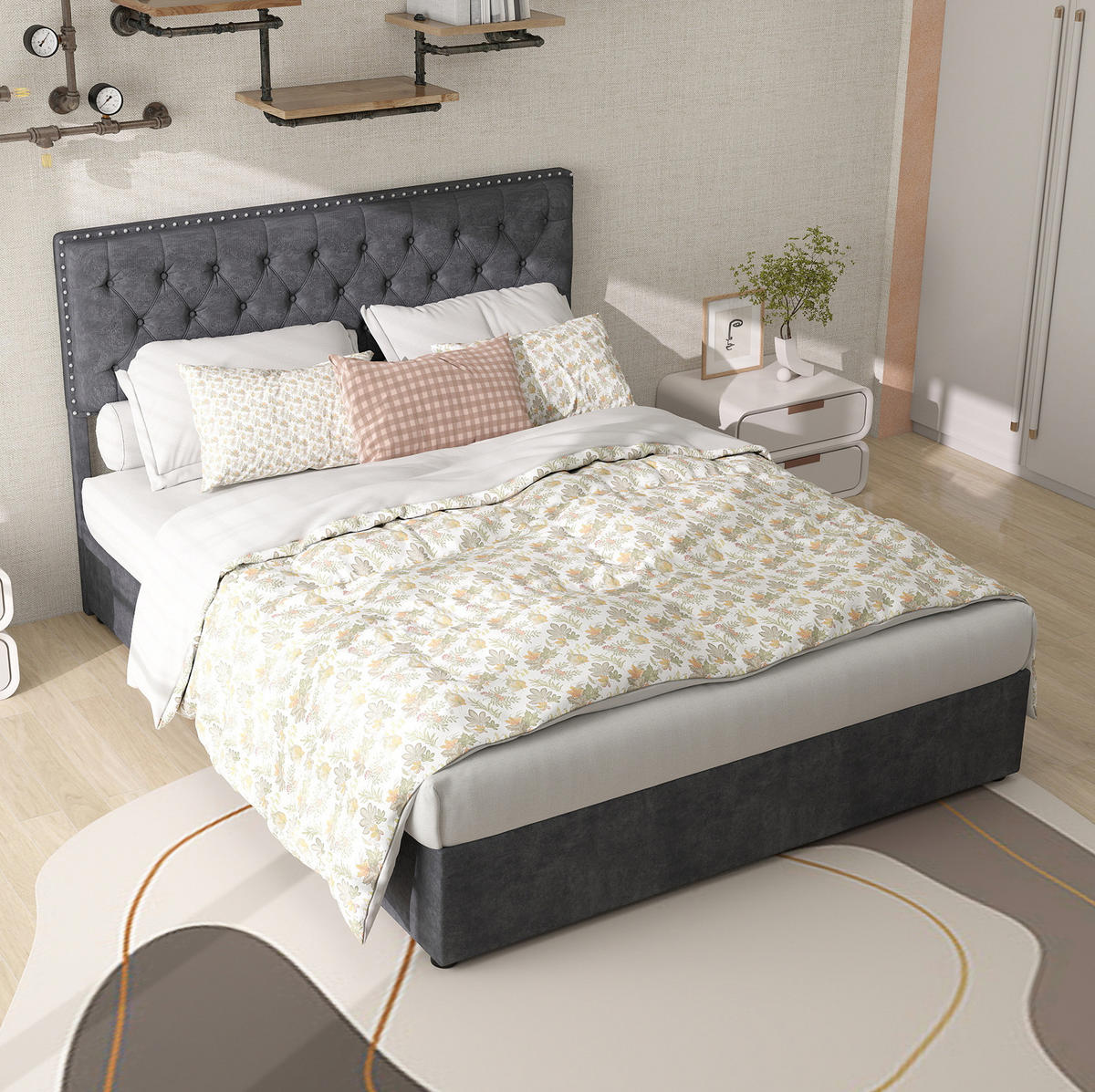 POLSTERBETT 140/200 cm grau aus Stoff und Metall mit Stauraum - Grau, Textil (140/200cm) - OKWISH
