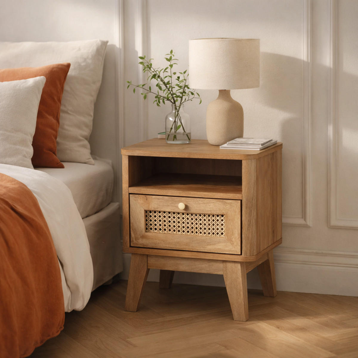 NACHTTISCH 1 schublade mit rattanfront und 1 fach palmo 39/39/49 cm - Eschefarben, Holzwerkstoff (39/49/49cm) - Calicosy