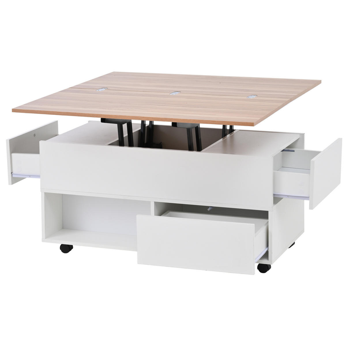 COUCHTISCH höhenverstellbar 100 x 50 cm Weiß/Holzfarbe mit 4 Schubladen - Weiß, Holzwerkstoff (100/50/52cm) - Meubliv