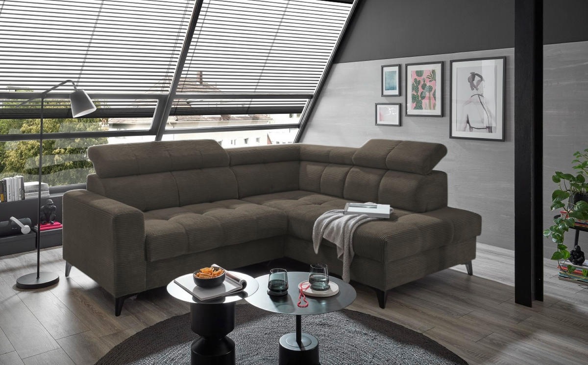ECKSOFA mit elektronische Sitztiefenverstellung, USB-Anschluss und stilvollem Breitcord-Bezug - Dunkelbraun, Textil (200/243cm) - ed exciting design