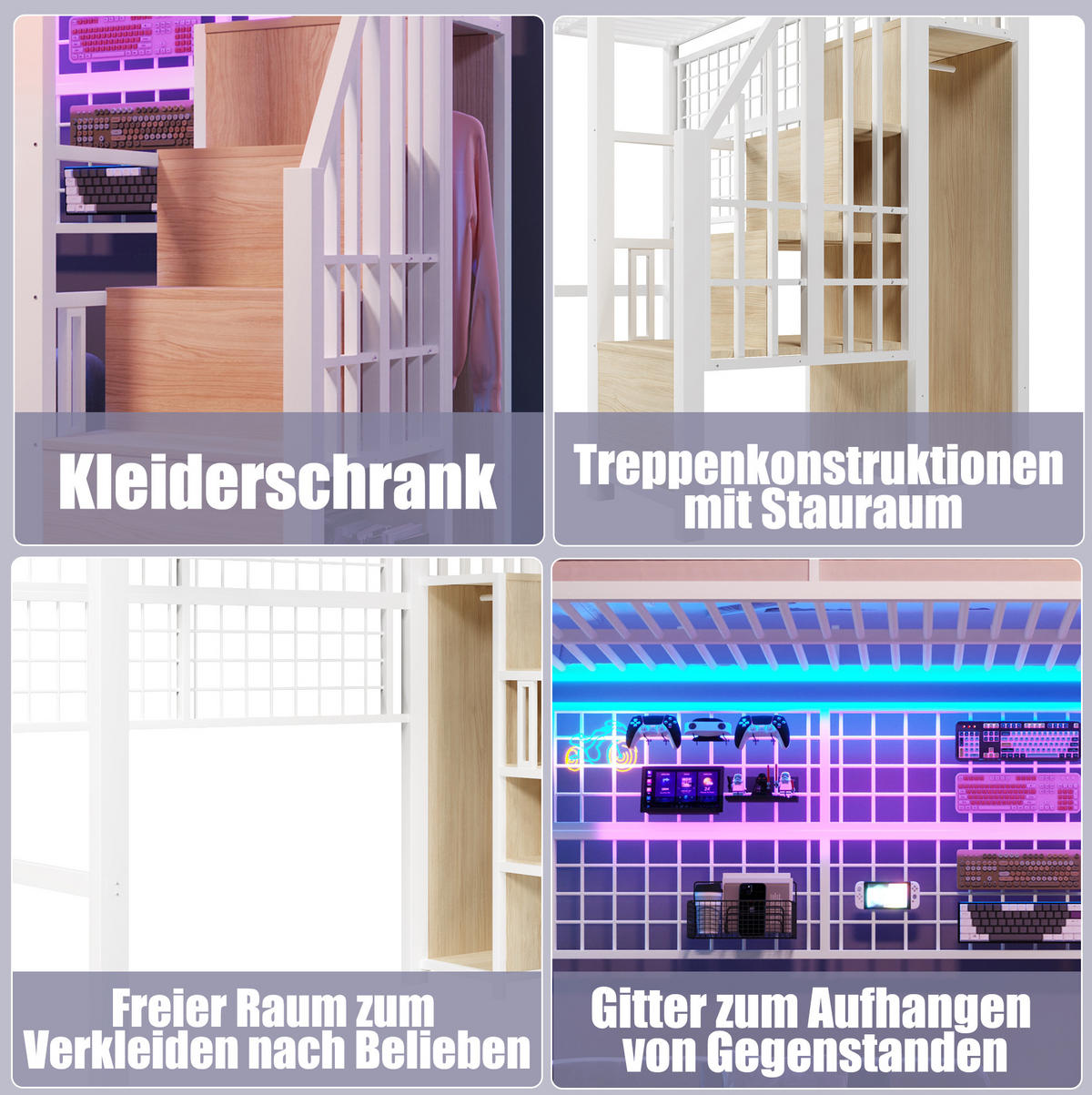 HOCHBETT 90/200 cm Weiß aus Metall/MDF mit Stauraumleiter - Weiß, Metall (90/200cm) - OKMYHOME