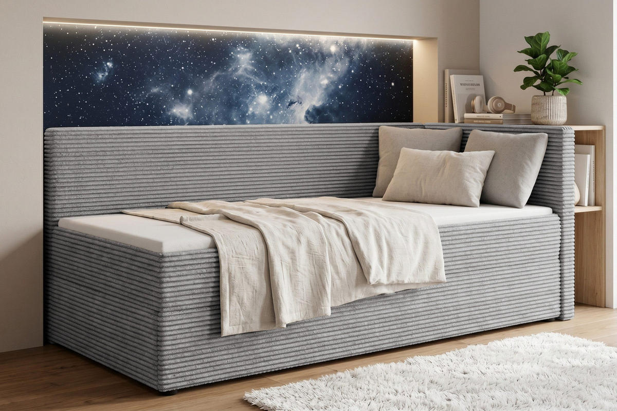 BOXBETT ROBERTO 100/200 in Cord Hellgrau H3 rechts - Hellgrau, Holz/Holzwerkstoff (100/200cm) - Deine Möbel 24