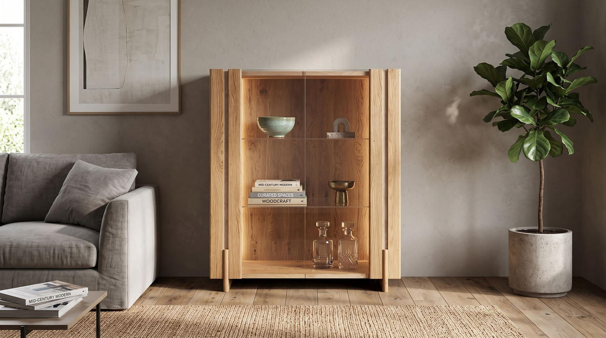 VITRINE Travertino Wildeiche Natur / Travertin Naturstein 100 / 46 / 106cm - Wildeiche, Glas/Holz (100/106/46cm) - Feldmann-Wohnen