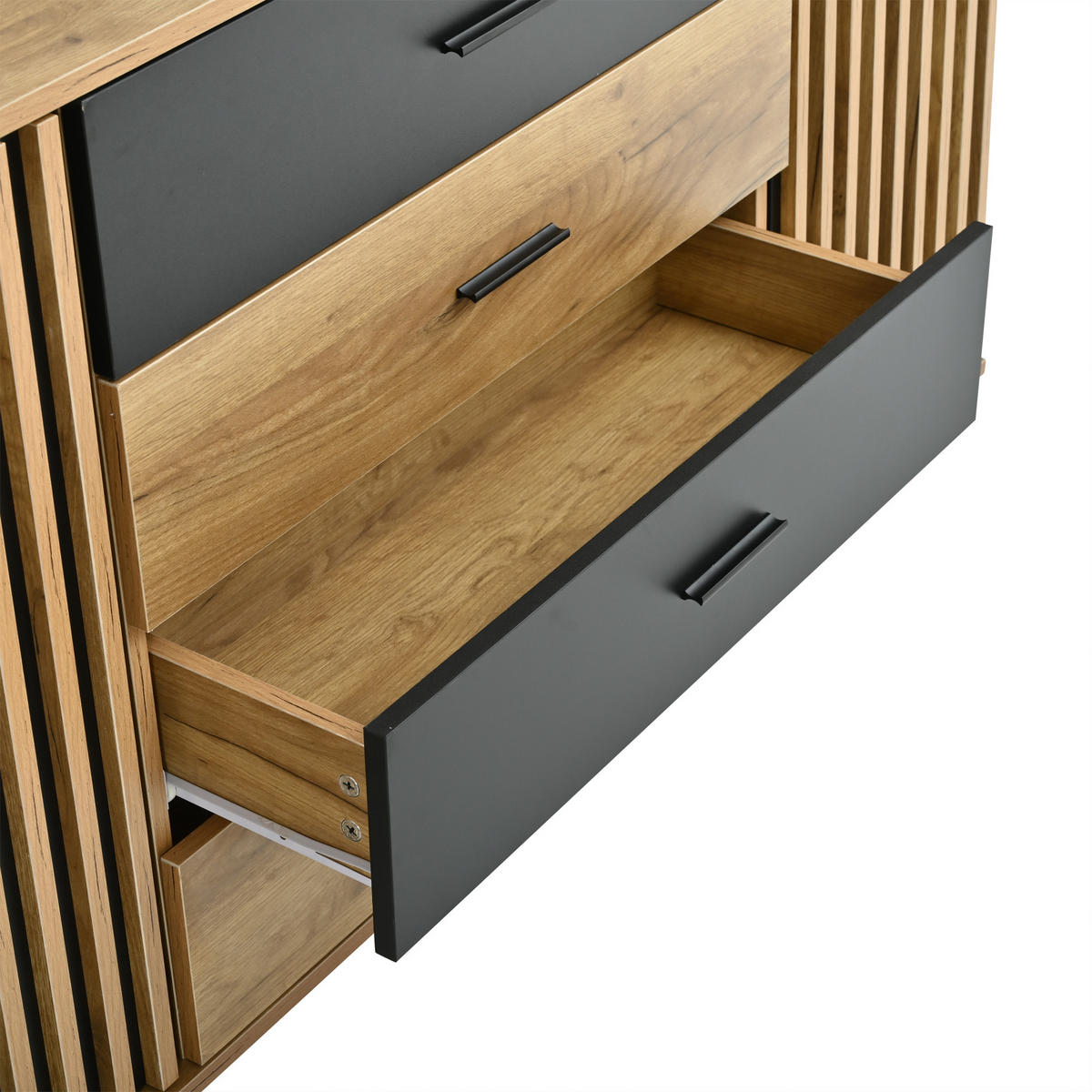 SIDEBOARD 140x35x70cm Eiche Schwarz mit 4 Schubladen - Schwarz, Holzwerkstoff (140/70/35cm) - FLIEKS