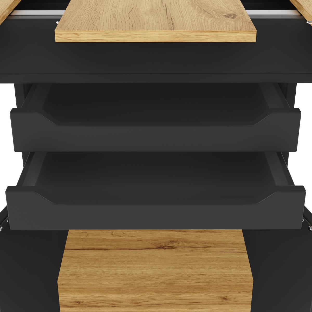 ESSTISCH in Naturfarben und Schwarz mit ausziehbarer Tischplatte und 2 Schubladen für Küche, B110-140/T80/H76 cm - Schwarz, Holzwerkstoff/Metall (80/140/76cm) - STILVORA