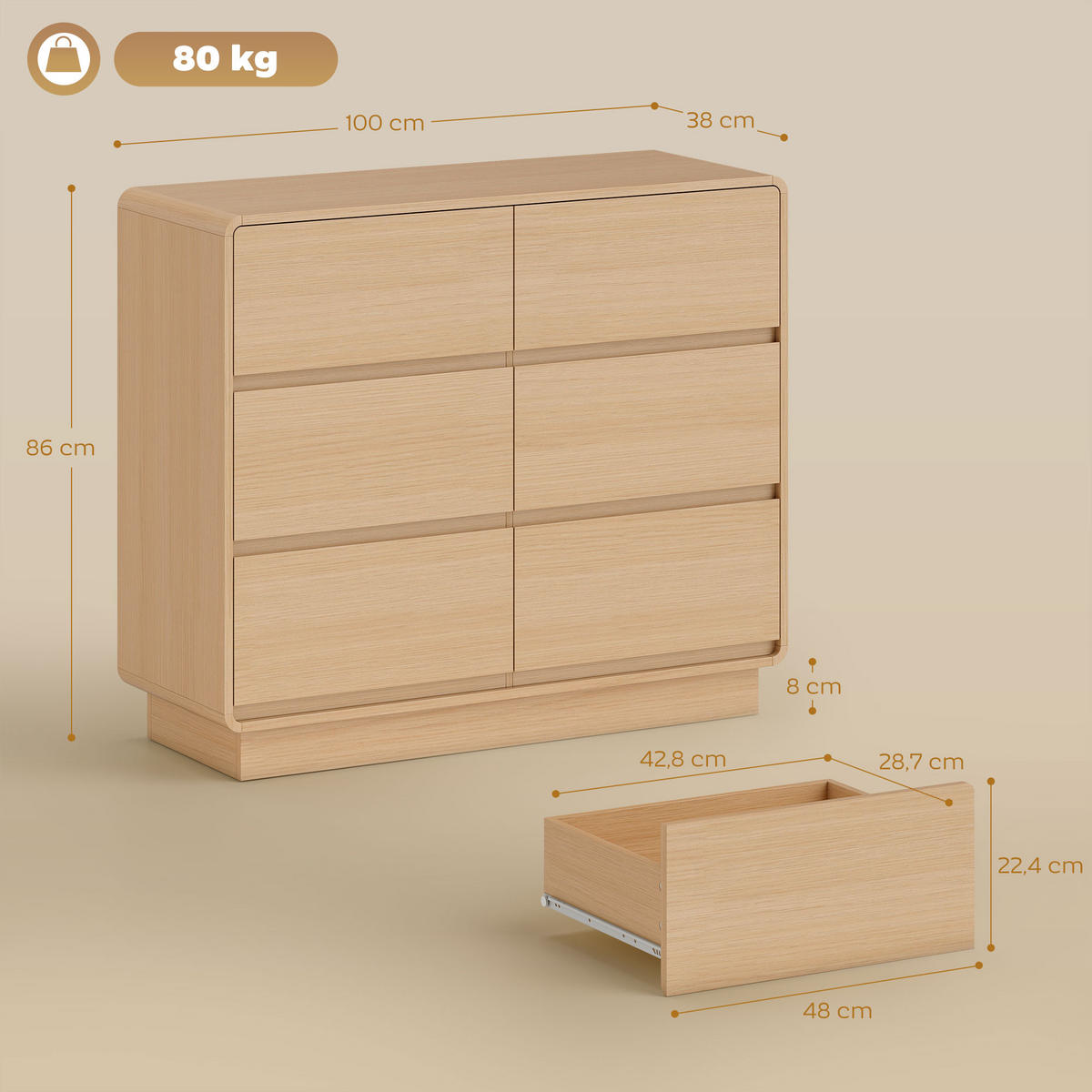 SIDEBOARD Naturholzfarben, 6 Schubladen, 100/38/86 cm - Naturfarben, Holz (100/86/38cm) - PANGIVO