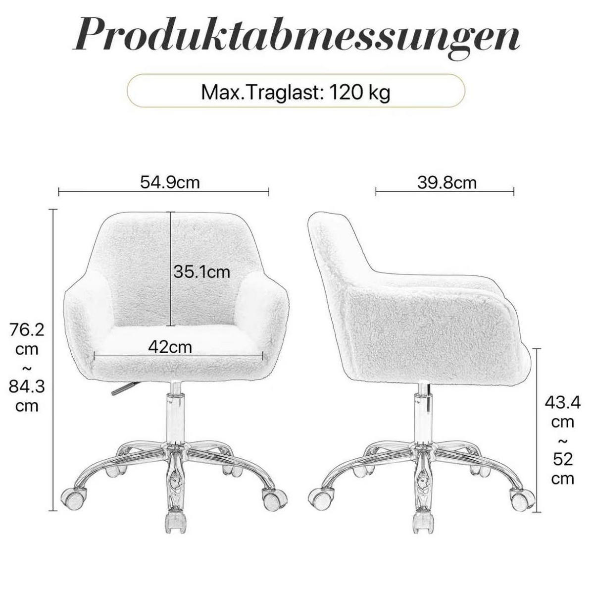 SCHREIBTISCHSTUHL in Weiß 53x53x55 cm mit Kunstpelzbezug, höhenverstellbar und drehbar - Weiß, Kunststoff (53/55/53cm) - IVMEU