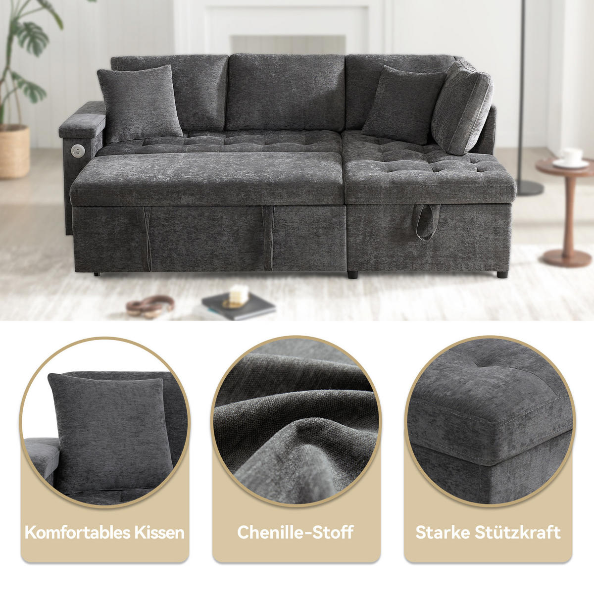 ECKSCHLAFSOFA L-Form, Chenille mit Stauraum & USB-Anschluss, 209/130/84 cm, Dunkelgrau - Dunkelgrau, Textil (130/84/209cm) - Redom