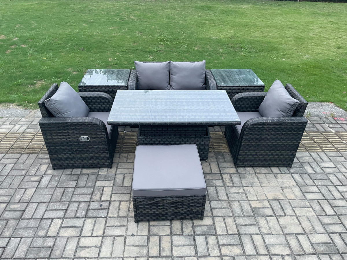 GARTENSET Polyrattan 5-Sitzer - Dunkelgrau/Grau, Glas/Kunststoff - Fimous