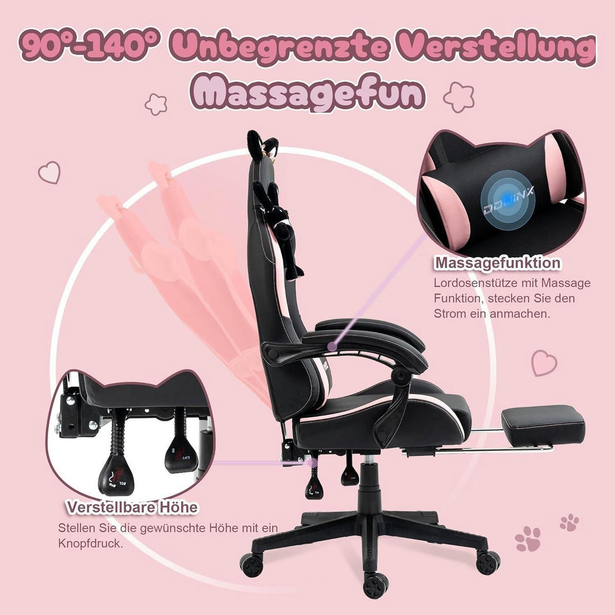 GAMING-STUHL mit Katzen-Edition und Fußstütze Schwarz/Pink - Pink, Kunststoff (83/22/57.5cm)