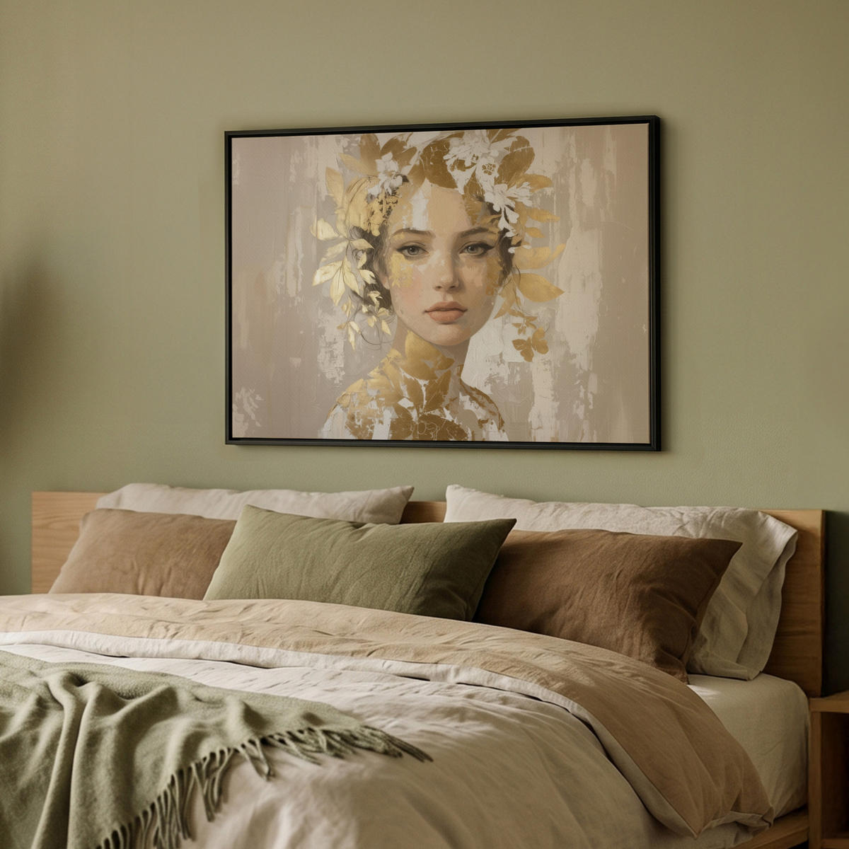 LEINWAND Bilder mit Rahmen - Gesicht - Frau - Blätter - Gold - 80x60 - Beige, Textil (80/60cm) - MuchoWow