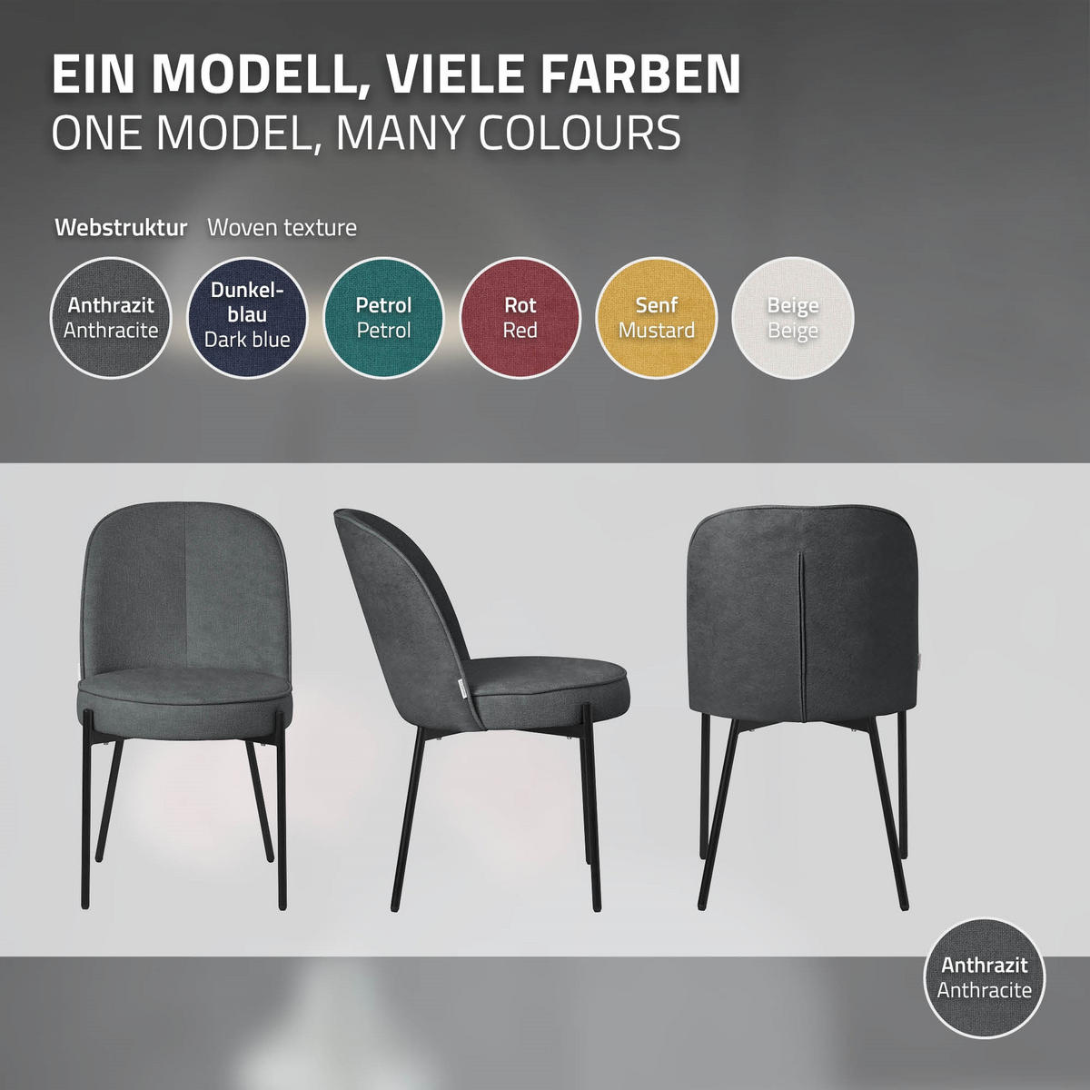 JÍDELNÍ ŽIDLE, sada 2 ks, antracitová, s látkovým potahem - černá/antracitová, kov/textil (50/83/63cm) - ML-DESIGN