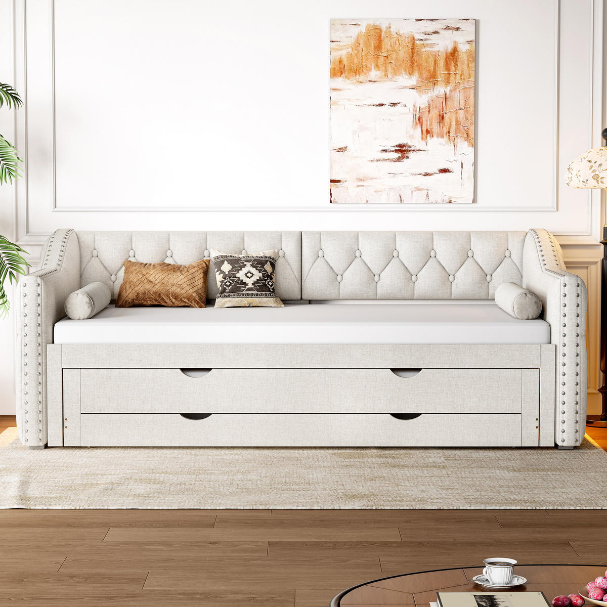 BETT 90/200 cm in Beige Leinen mit Ausziehbett, LED und 3 Schubladen - Weiß, Holzwerkstoff/Textil (90/200cm) - WISHDOR