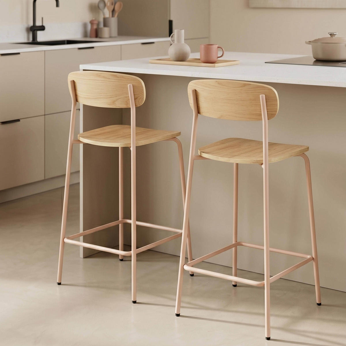 BARSTUHL 2-tlg., Rosa - Pink, Holz/Metall (50/96/42cm) - Oviala