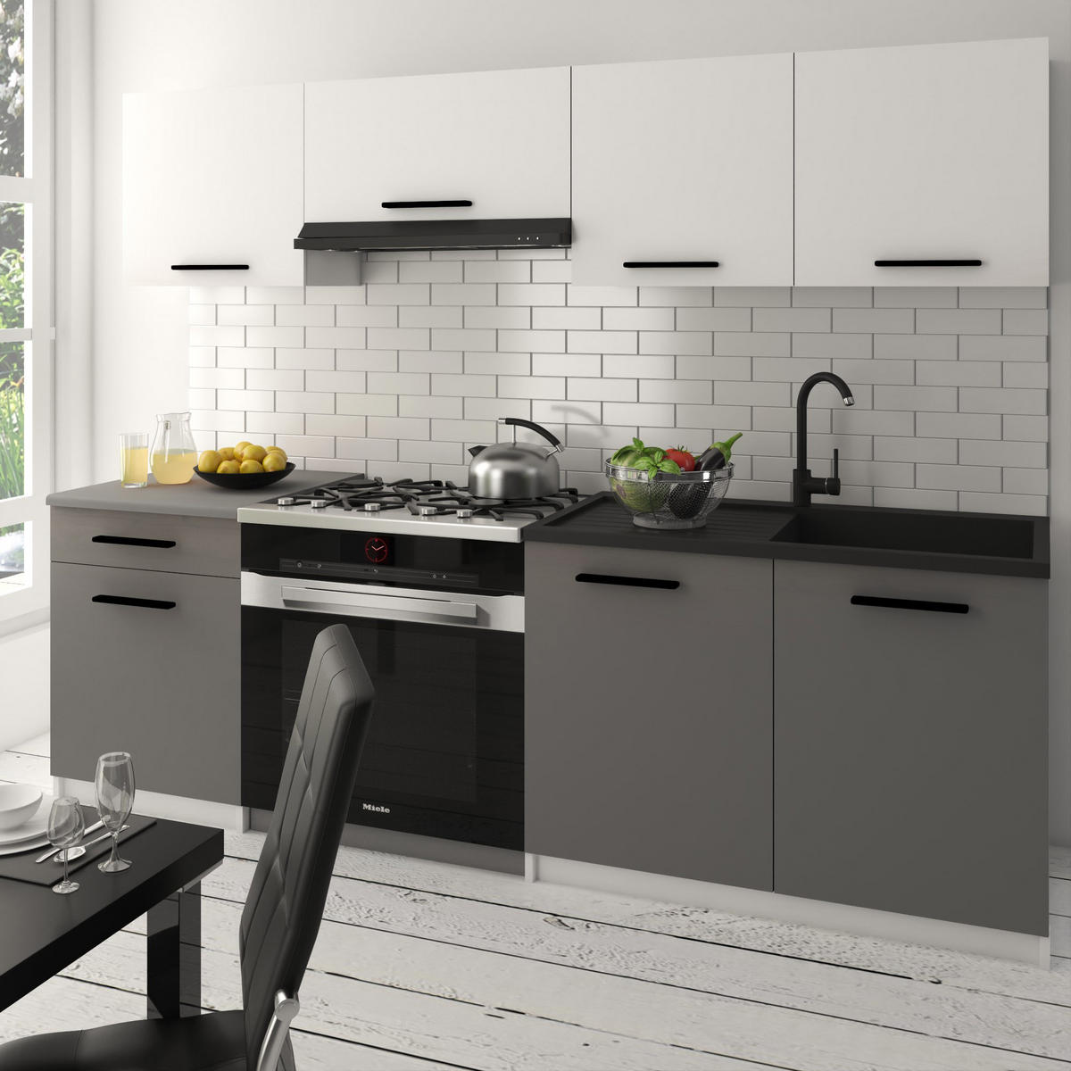 KÜCHENZEILE Italia 1 180 cm, mit Arbeitsplatten, Weiß-Grau Matt - Weiß/Grau, Holz (180/143/60cm) - B BELINI GROUP
