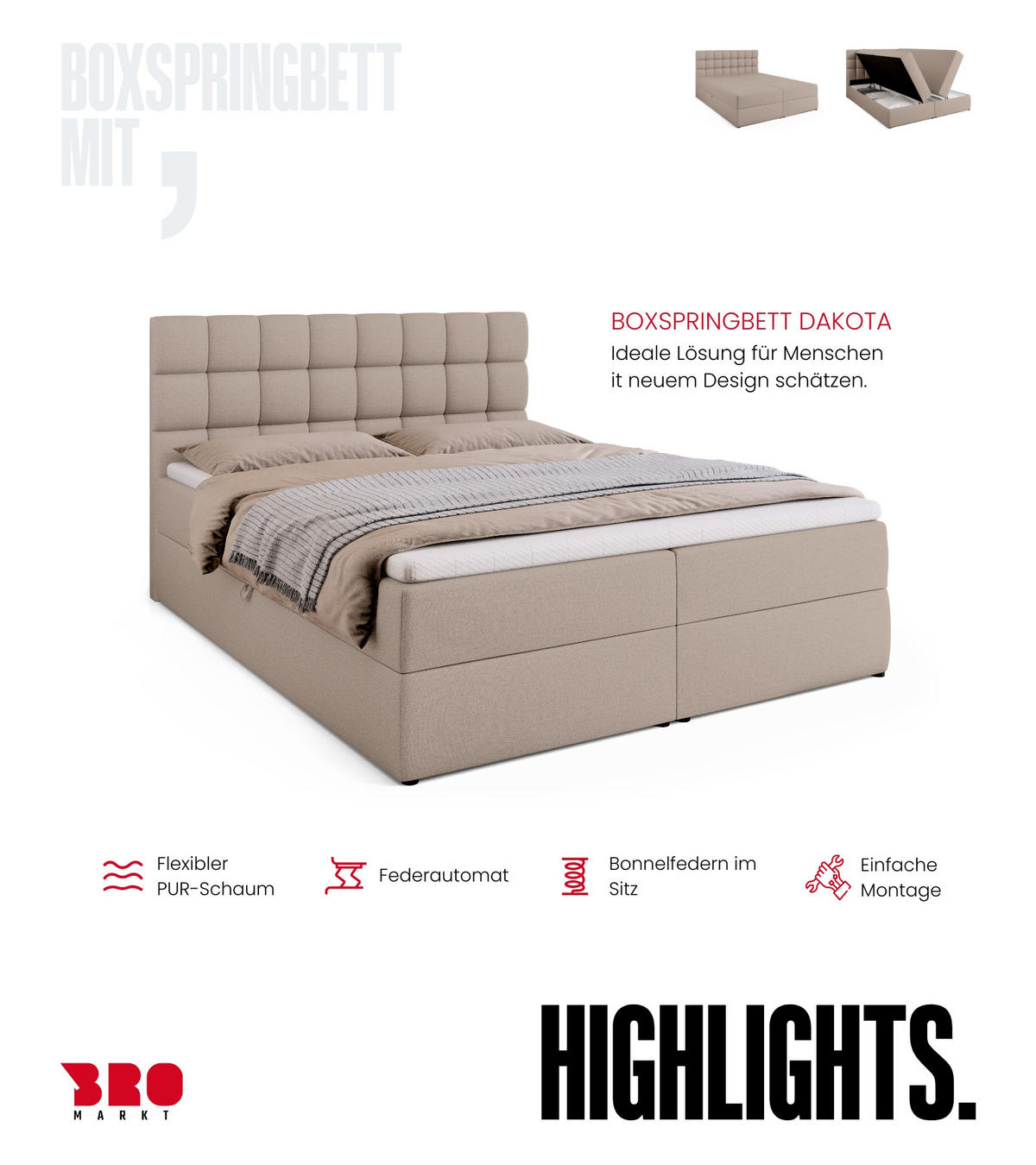 BOXBETT Dakota mit Topper 160/200 Beige - Beige, Textil (160/200cm) - Bromarkt