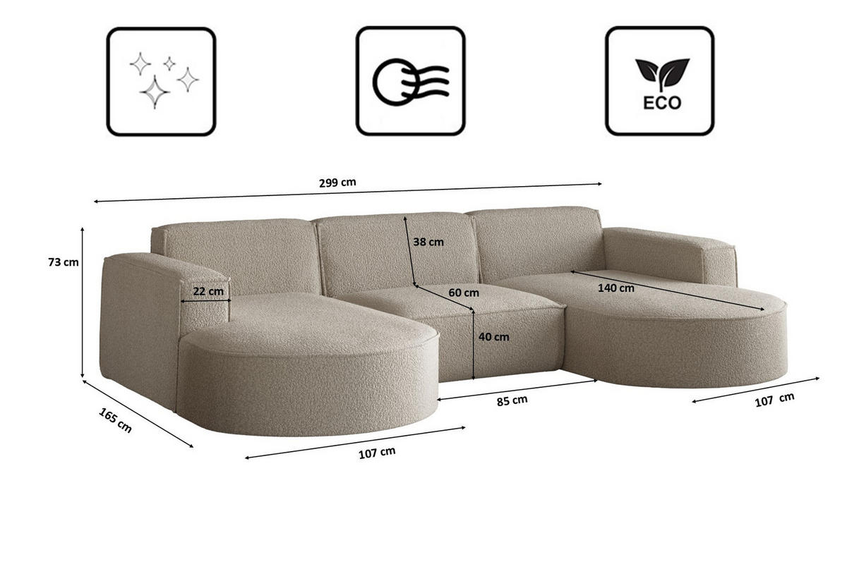 ECKSOFA, Modena U-Form, Stoff Quelle, Dunkelbeige - Greige, Holz (299/165cm) - Kaiser Möbel