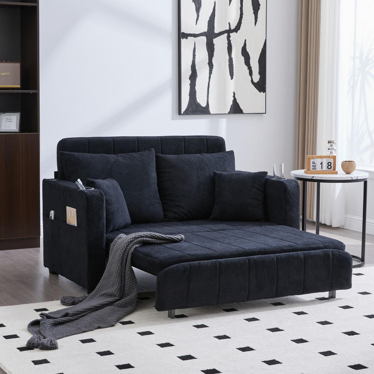 SCHLAFSOFA Zweisitzer mit Schlaffunktion,ausziehbar,Chenille,Schwarz - Schwarz, Textil (73/83/139cm) - LVHOM