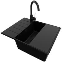 GRANITSPÜLE Kopenhagen, 2-er set Alles Schwarz 62/50 cm 1 Becken + Küchenarmatur 32/20 cm + Ablauf-Set + Schneidebrett ab 50er Unterschrank - Schwarz, Kunststoff (62/20/50cm) - Primagran