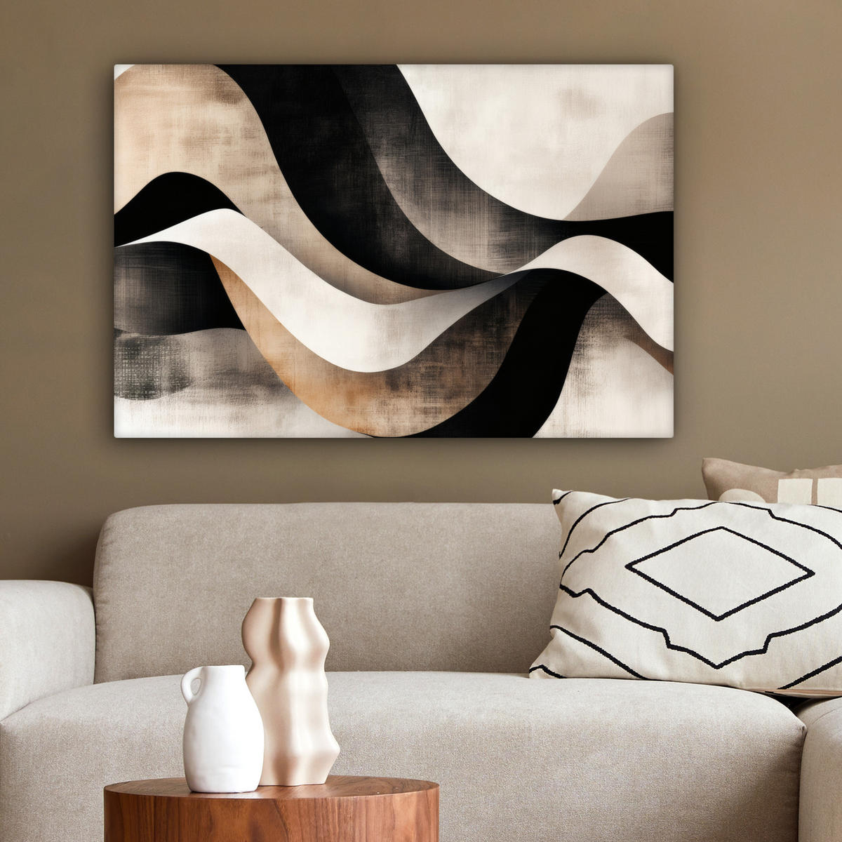 LEINWANDBILD Abstrakt - Wellen - Schwarz - Verwittert Wanddeko 90x60 cm - Trüffeleichefarben, Textil (90/60cm) - MuchoWow