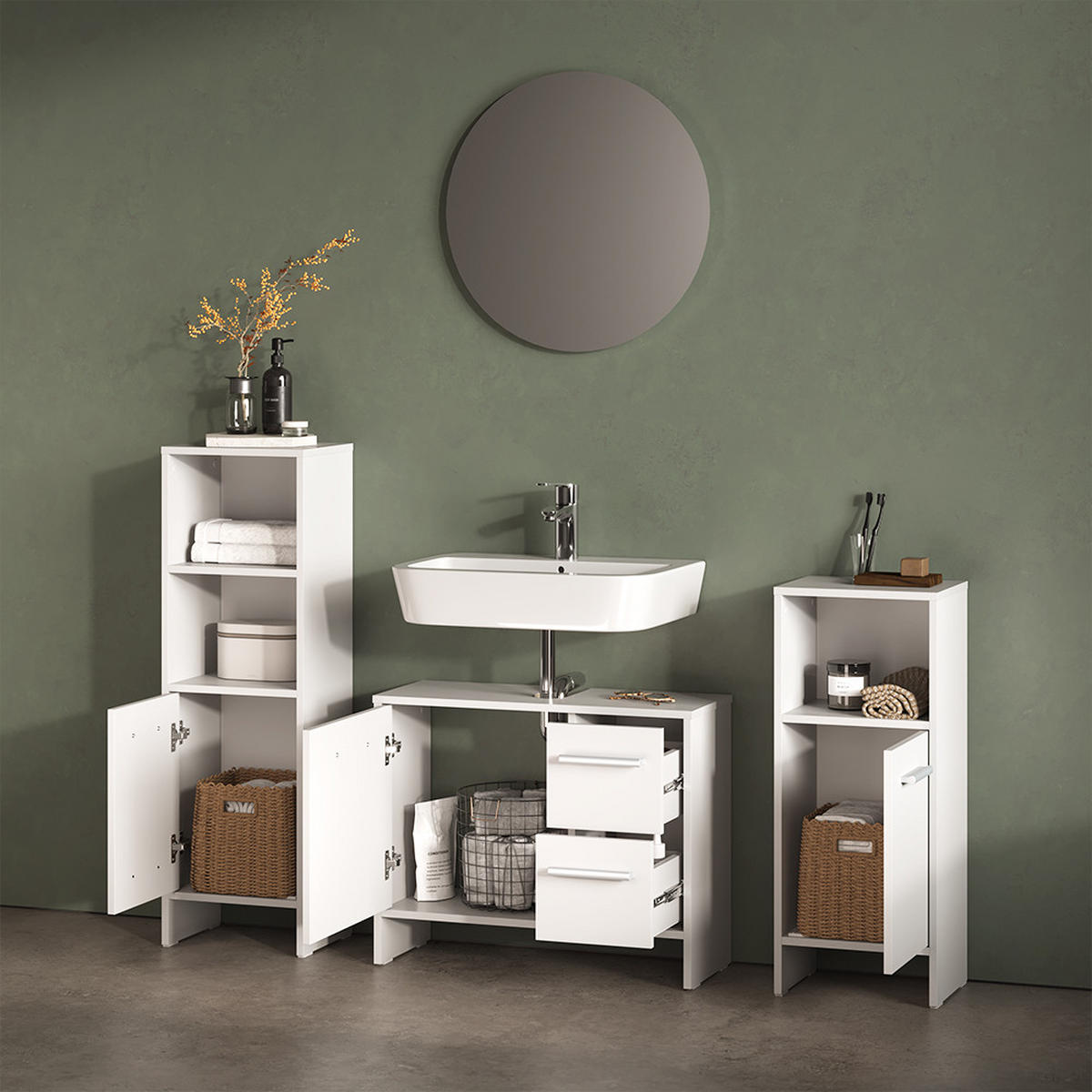 WASCHBECKENUNTERSCHRANK Amalfi Weiß 70.2 x 57 cm mit 2 Schubladen und 1 Tür - Weiß, Holzwerkstoff (70.2/57/27.9cm) - Livinity®