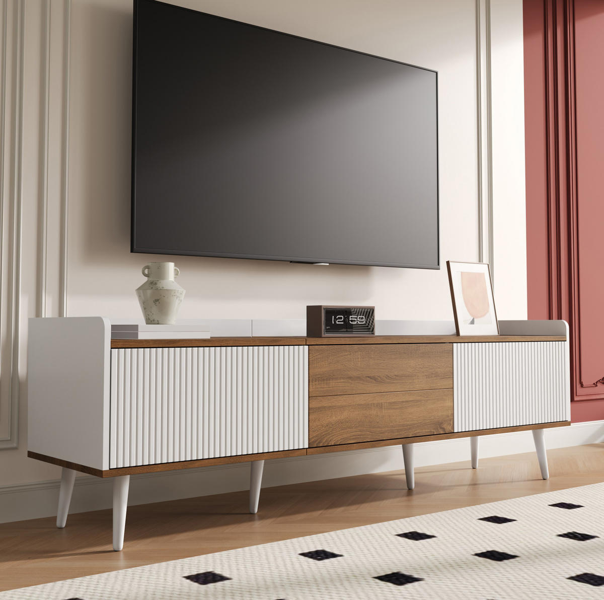 TV-BOARD aus MDF und Spanplatte 160x39x49,5 cm Weiß/Natur mit 3 Türen, erhöhtem Rand und Kippschutz - Weiß, Holzwerkstoff (160/49.5/39cm) - Modfu