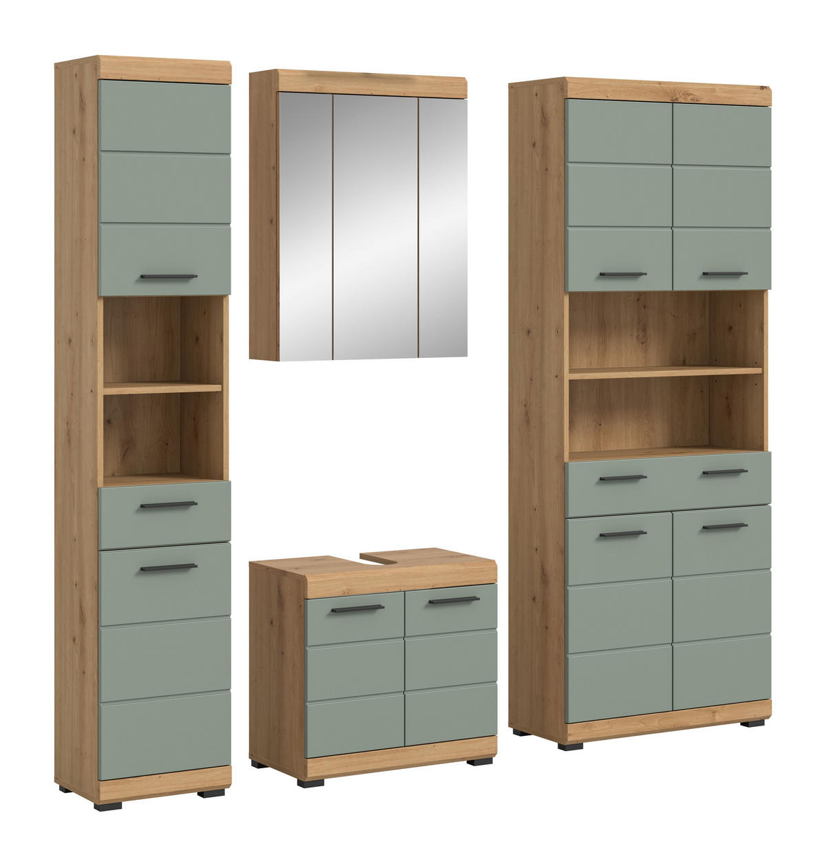 BADKOMBINATION 4tlg. Scout Bad in Artisan Eiche Nachbildung und Salbei Nachbildung B/H/T: 186x191x34 cm - Eiche Artisan, Holz (186/191/34cm)