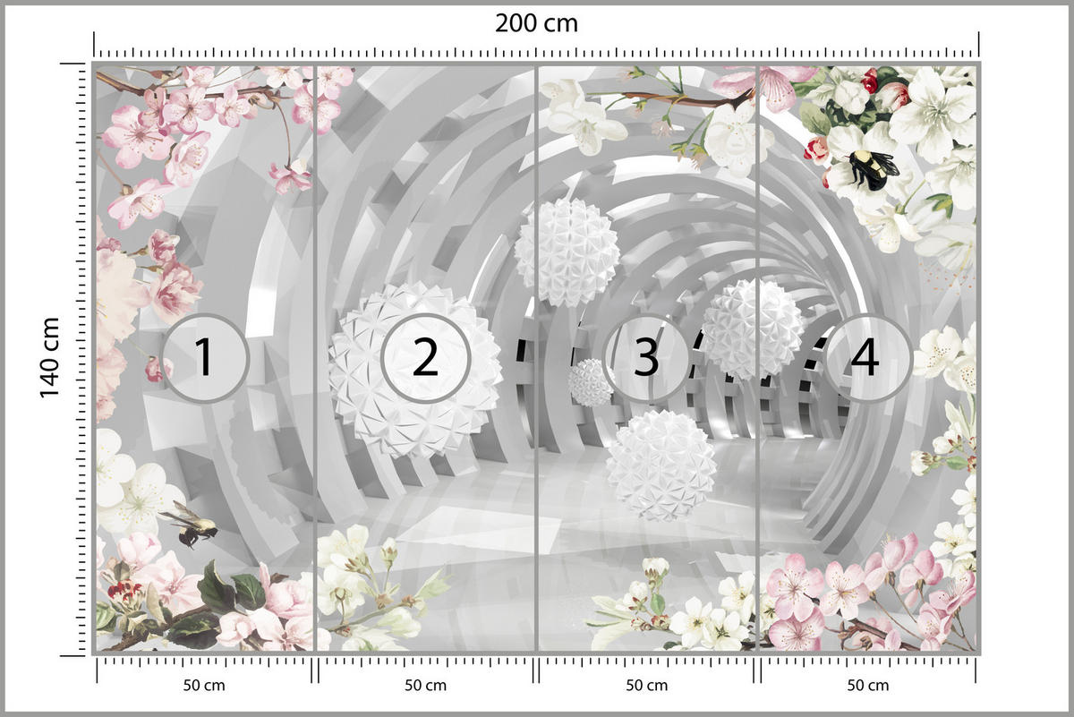 FOTOTAPETE für Wohnzimmer Tunnel mit BLUMEN KUGELN Floral Perspektive 200x140 - Rosa/Weiß, Papier (200/140cm) - Muralo