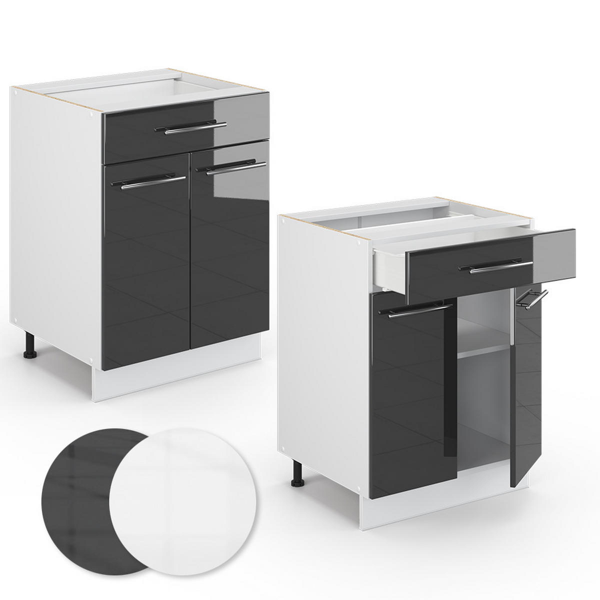 KÜCHENUNTERSCHRANK Fame-Line Anthrazit Hochglanz 60 cm mit Schublade ohne AP - Schwarz Hochglanz/Anthrazit, Holzwerkstoff (60/82/51.6cm) - Vicco