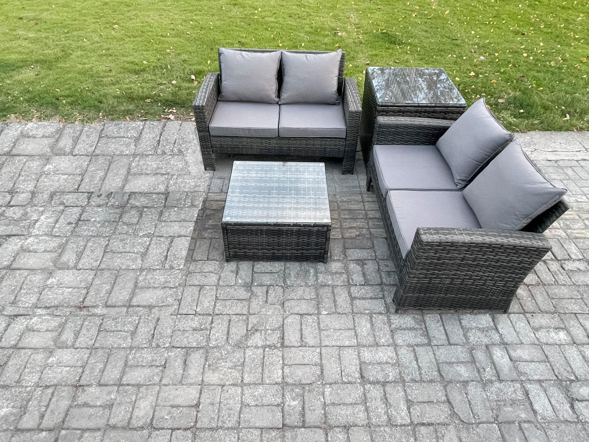GARTENGARNITUR Polyrattan Dunkelgrau 7-Sitzer - Dunkelgrau, Metall - Fimous