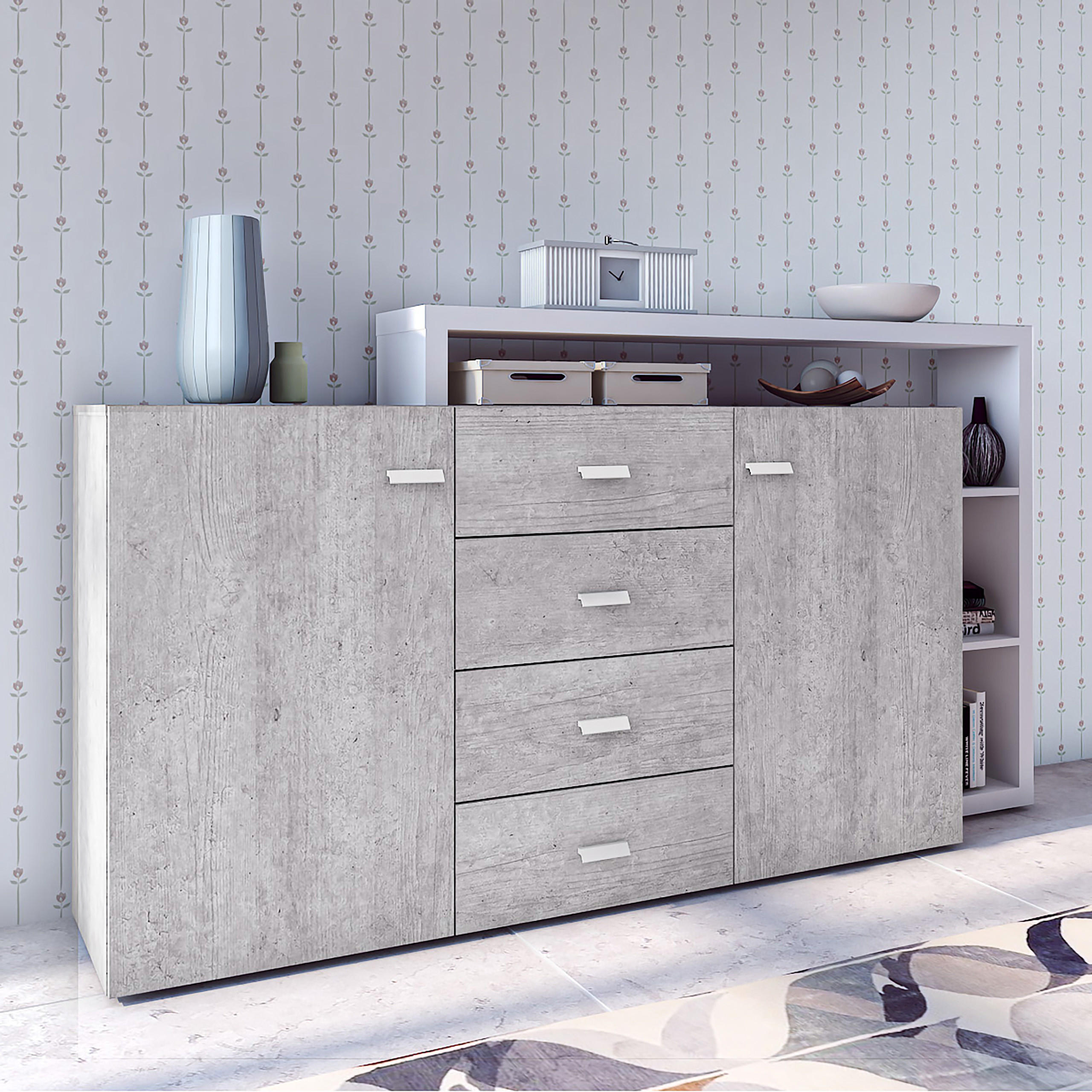 SIDEBOARD BOTTEGA 180/98/37 cm mit 4 Schubladen und 2 Türen Weiß - Titanfarben/Weiß, Holzwerkstoff (180/98/37cm) - MASSENO