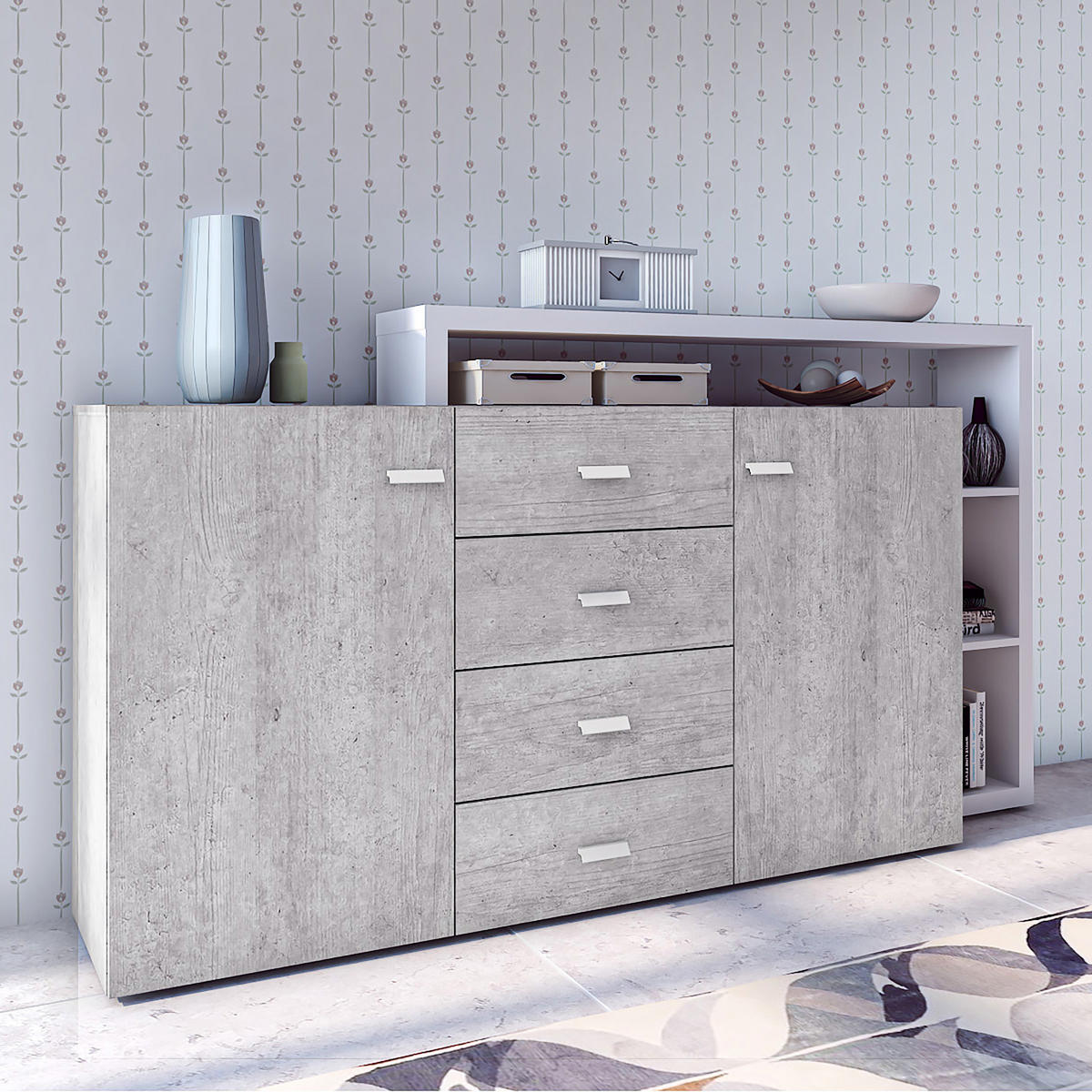 SIDEBOARD BOTTEGA 180/98/37 cm mit 4 Schubladen und 2 Türen Weiß - Titanfarben/Weiß, Holzwerkstoff (180/98/37cm) - MASSENO
