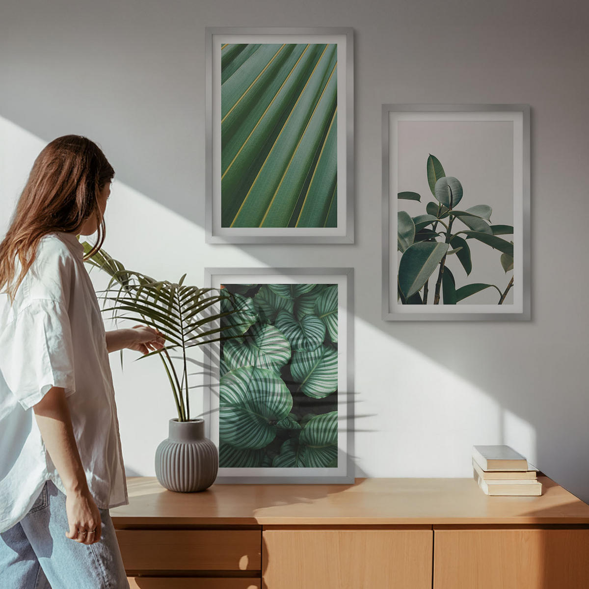 WANDBILDER 3er Set - 40x60 cm Silberner Rahmen - Ästhetische tropische Blätter - Silberfarben, Kunststoff (40/60cm) - ArtPrintCave