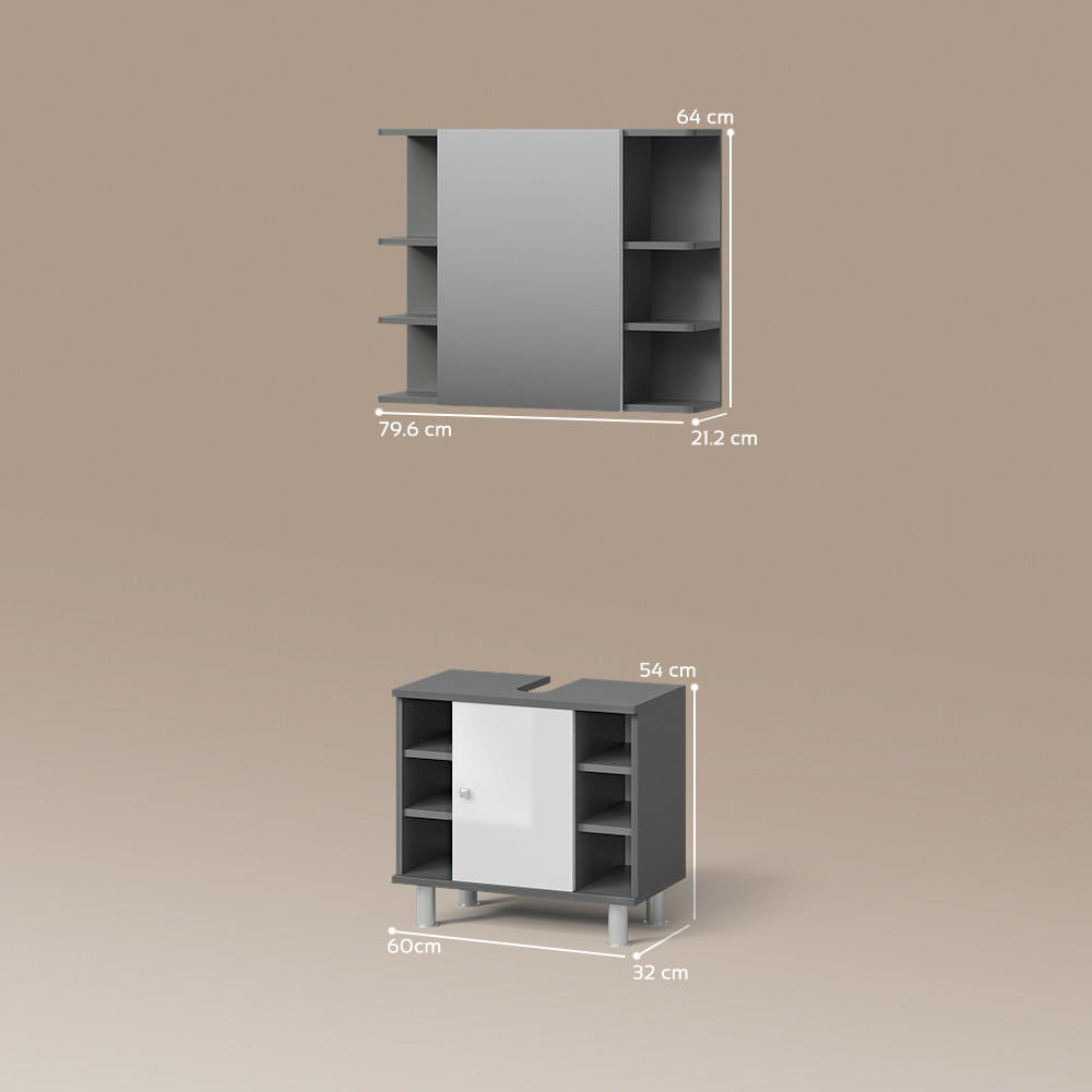 Thumbnail - Livinity® Badmöbel-Set, Anthrazit, Weiß Hochglanz, Holzwerkstoff, 9 Fächer, Rechteckig, 80x64x21 cm, Badezimmer, Badmöbe...