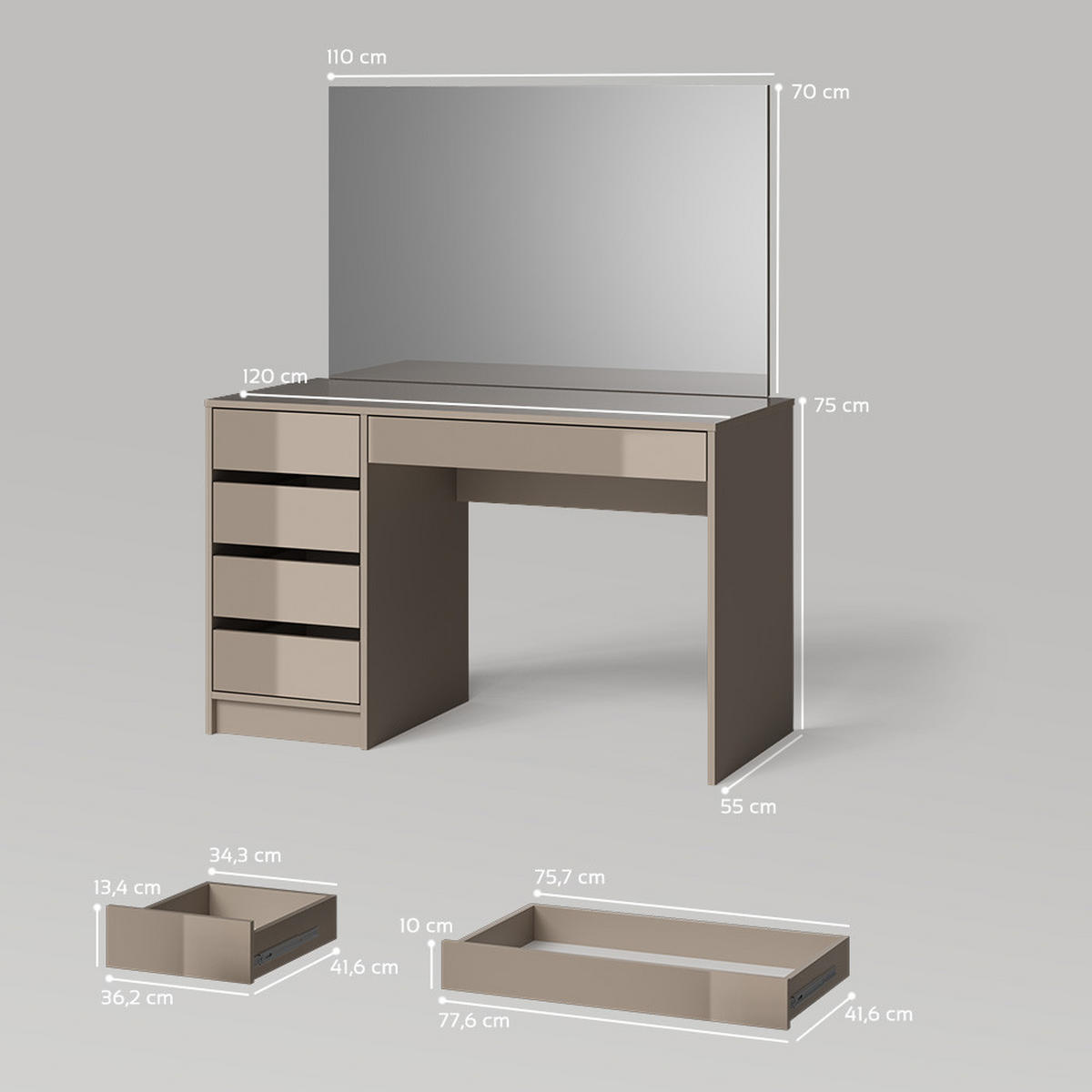 SCHMINKTISCH Imola Greige 120 cm mit Spiegel - Greige, Holzwerkstoff (120/75/55cm) - Livinity®