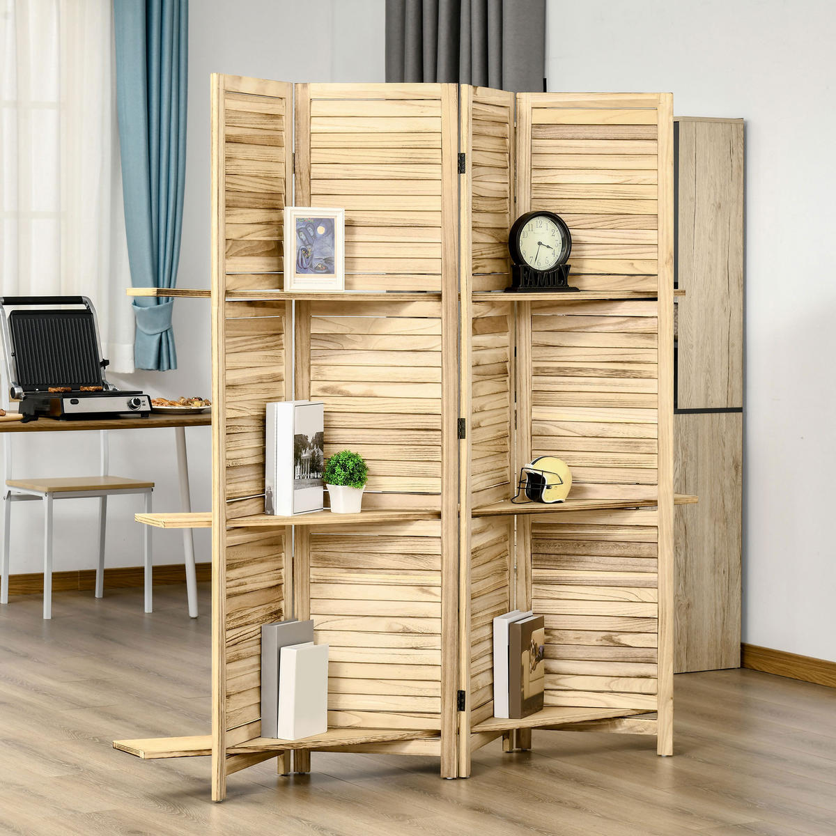 PARAVENT DE-14245 4-teilig, 3 Regalböden, klappbar Natur - Naturfarben, Holzwerkstoff (162/170/1.8cm) - ComfortXL
