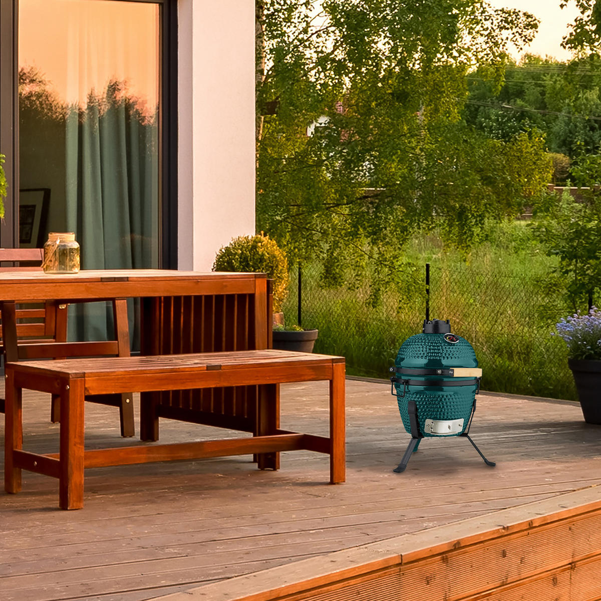 KAMADO-GRILL - Dunkelgrün, Keramik/Metall (34/56.5cm) - Relaxdays