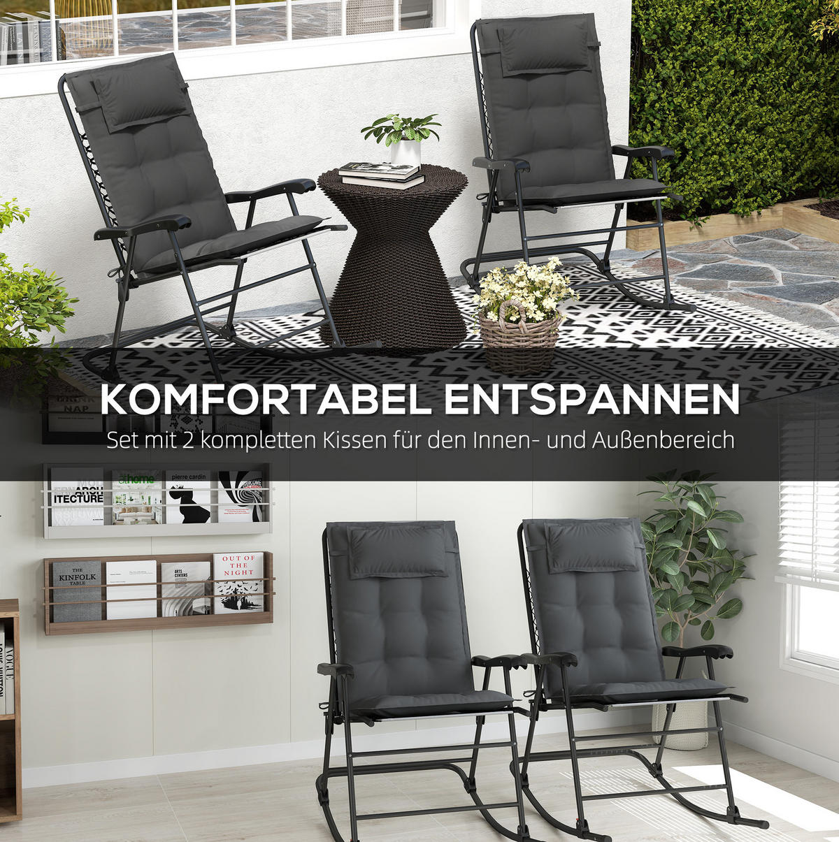 SESSELAUFLAGEN 2er-Set aus Polyester 50x116x5 cm in Dunkelgrau mit 6 Bändern - Dunkelgrau, Textil (50/5/116cm) - Modfu