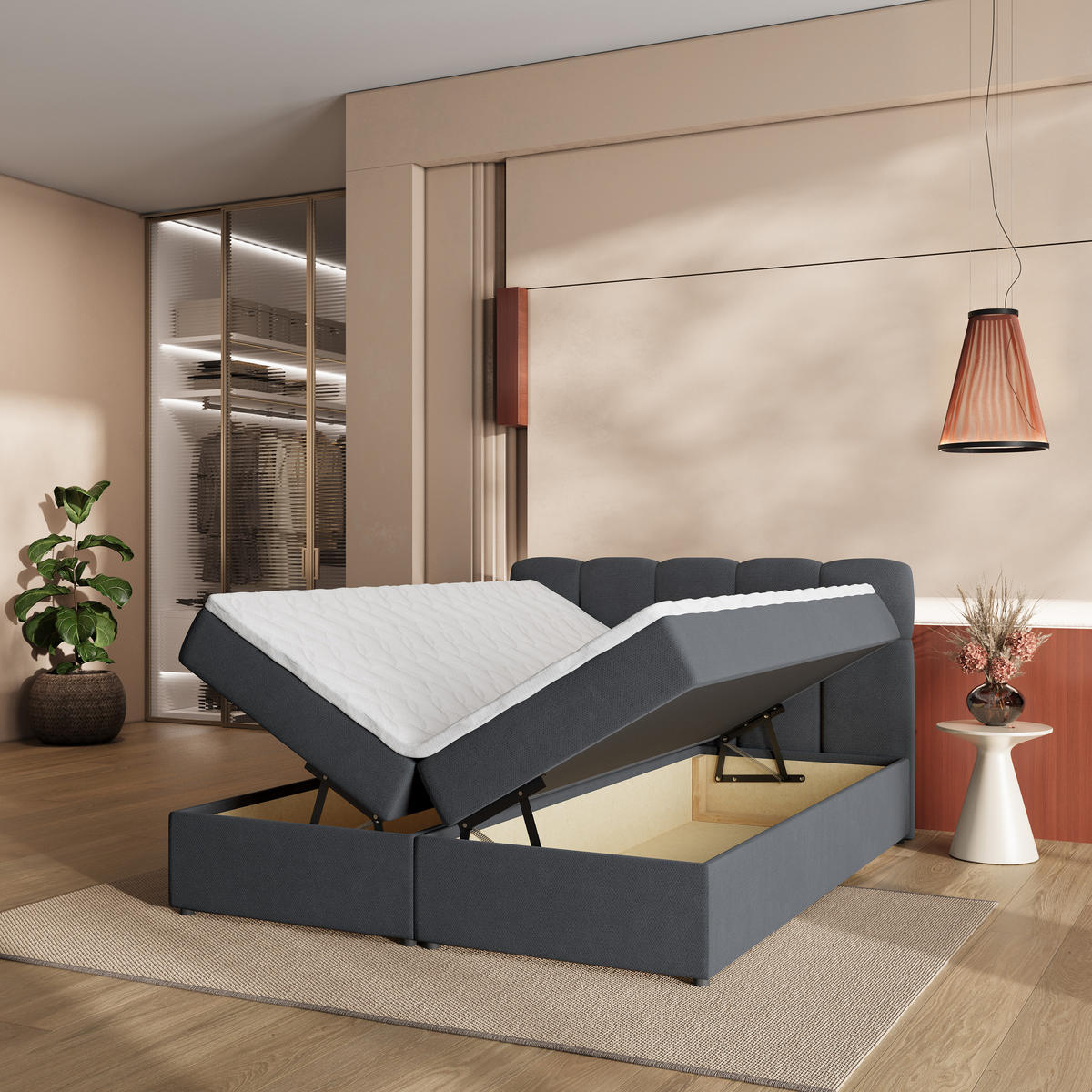 BOXBETT MERU 140x200 cm mit Matratze und Topper - Graphitfarben - Graphitfarben, Holz (140/200cm) - MASSENO