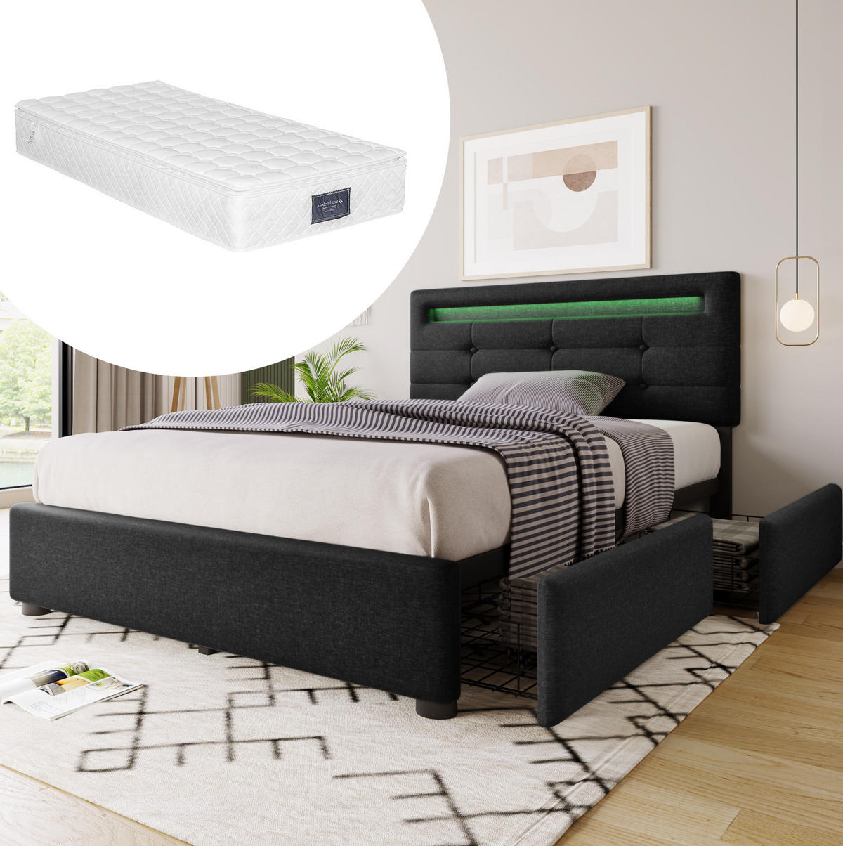 POLSTERBETT mit LED-Beleuchtung 90/200 cm mit 2 Schubladen und Matratze - Schwarz, Textil (90/200cm) - BEAOK