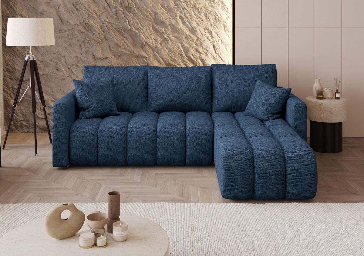 ROHOVÁ pohovka GARDA pravá tmavě modrá pletená tkanina Aragon 79 - funkce spaní, úložný prostor - tmavě modrá, textil (230/149cm) - Cornero