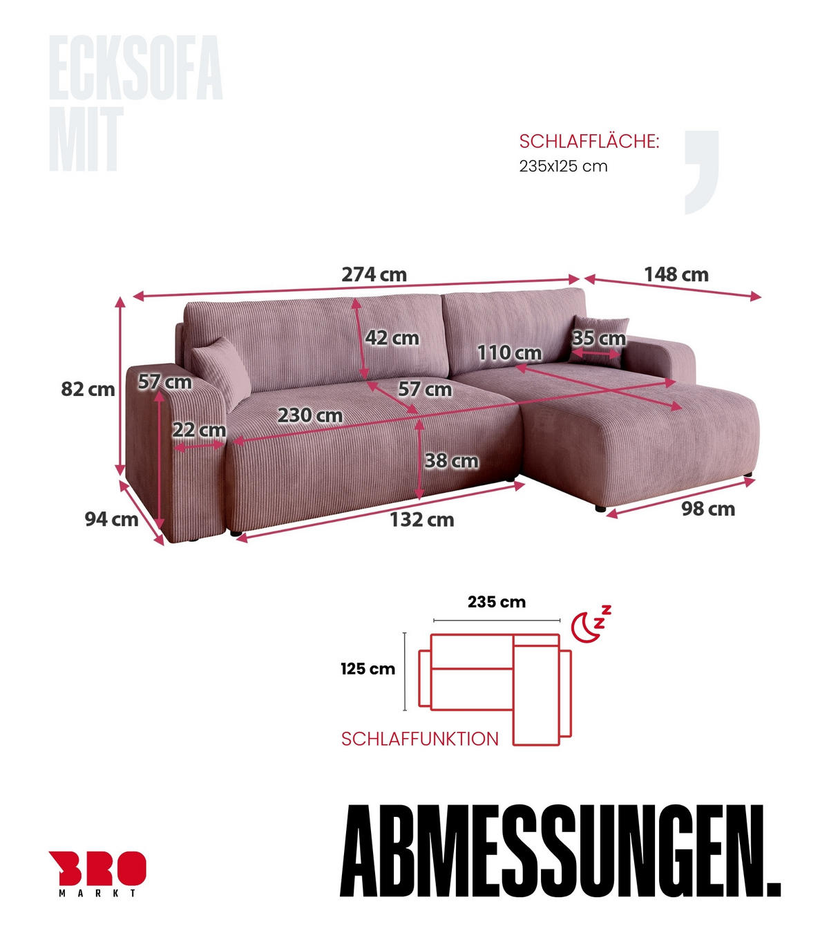 ECKSOFA PUMI XL mit Schlaffunktion Puderrosa Cord - Rosa, Textil (274/148cm) - Bromarkt