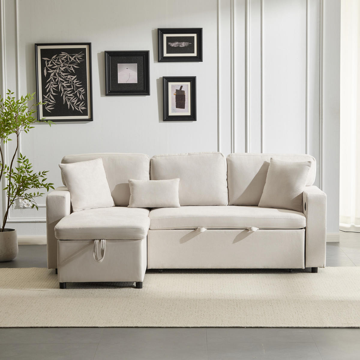 ECKSOFA mit USB-Anschluss Bettkasten Regal Beige - Beige, Textil (214/131cm) - EVRYAE
