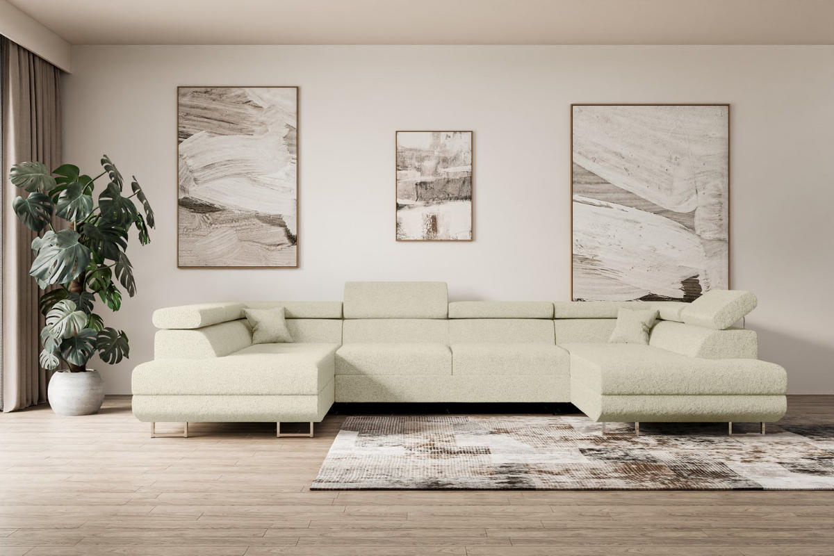 WOHNLANDSCHAFT mit Schlaffunktion und Bettkasten GUSA-U 342x202x107 cm Beige Bouclé - Beige/Silberfarben, Holzwerkstoff/Textil (342/107/202cm) - ALTDECOR