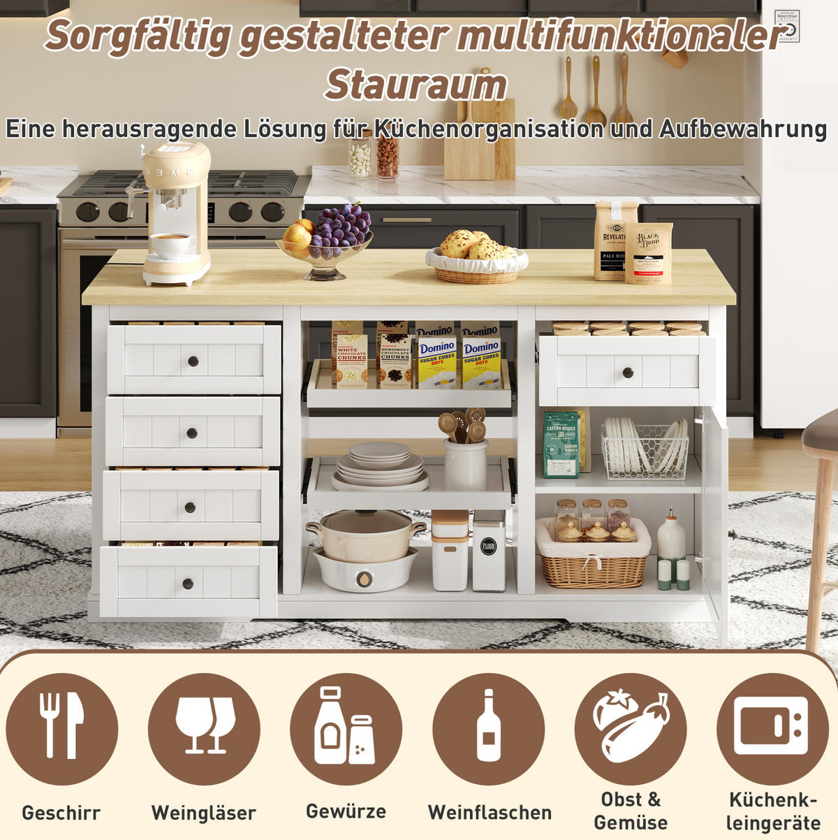 BUFFET 150/65/75,5 cm natur/weiß aus MDF mit Klappplatte und Steckdosen - Naturfarben, Holzwerkstoff (150/75.5/65cm) - OKWISH
