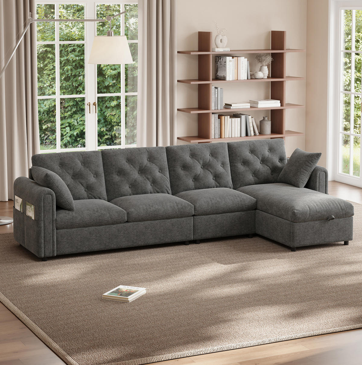 ECKSOFA 281/132/86 cm aus Samt mit Schlaffunktion und Stauraum Grau - Grau, Textil (132/281cm) - Modenvie