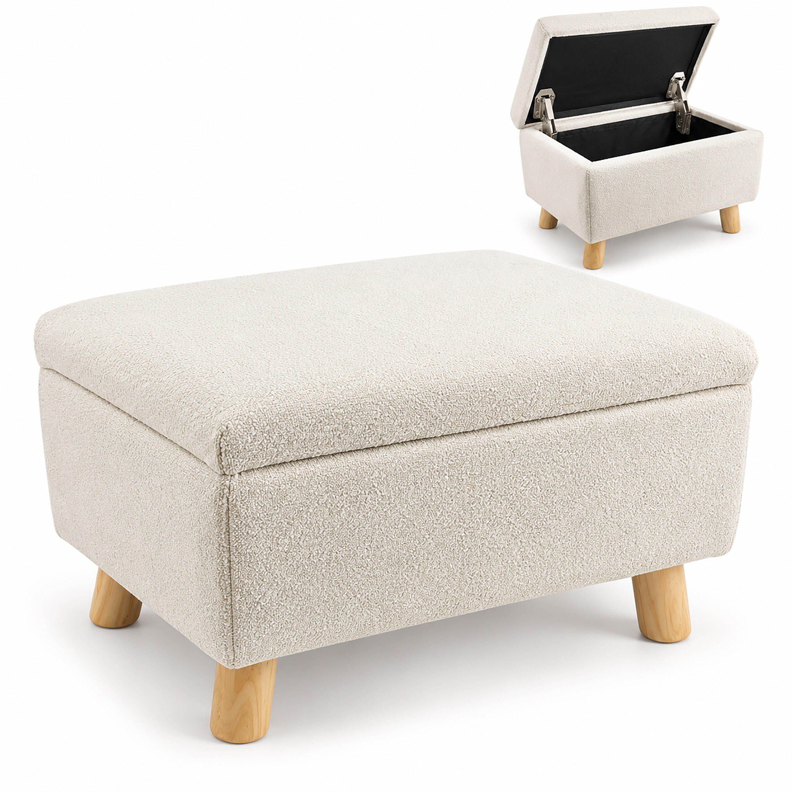 FUSSHOCKER Beige Stauraum Bouclé Holzfüße 28x40x30 cm - Beige, Holz/Kunststoff (40/28/30cm) - Relaxdays