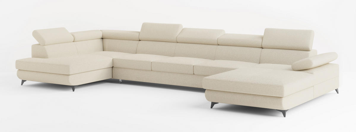 WOHNLANDSCHAFT MONTIVA Creme Boucle-Stoff mit Schlaffunktion - Creme, Holz (410/89/190cm) - MASSENO