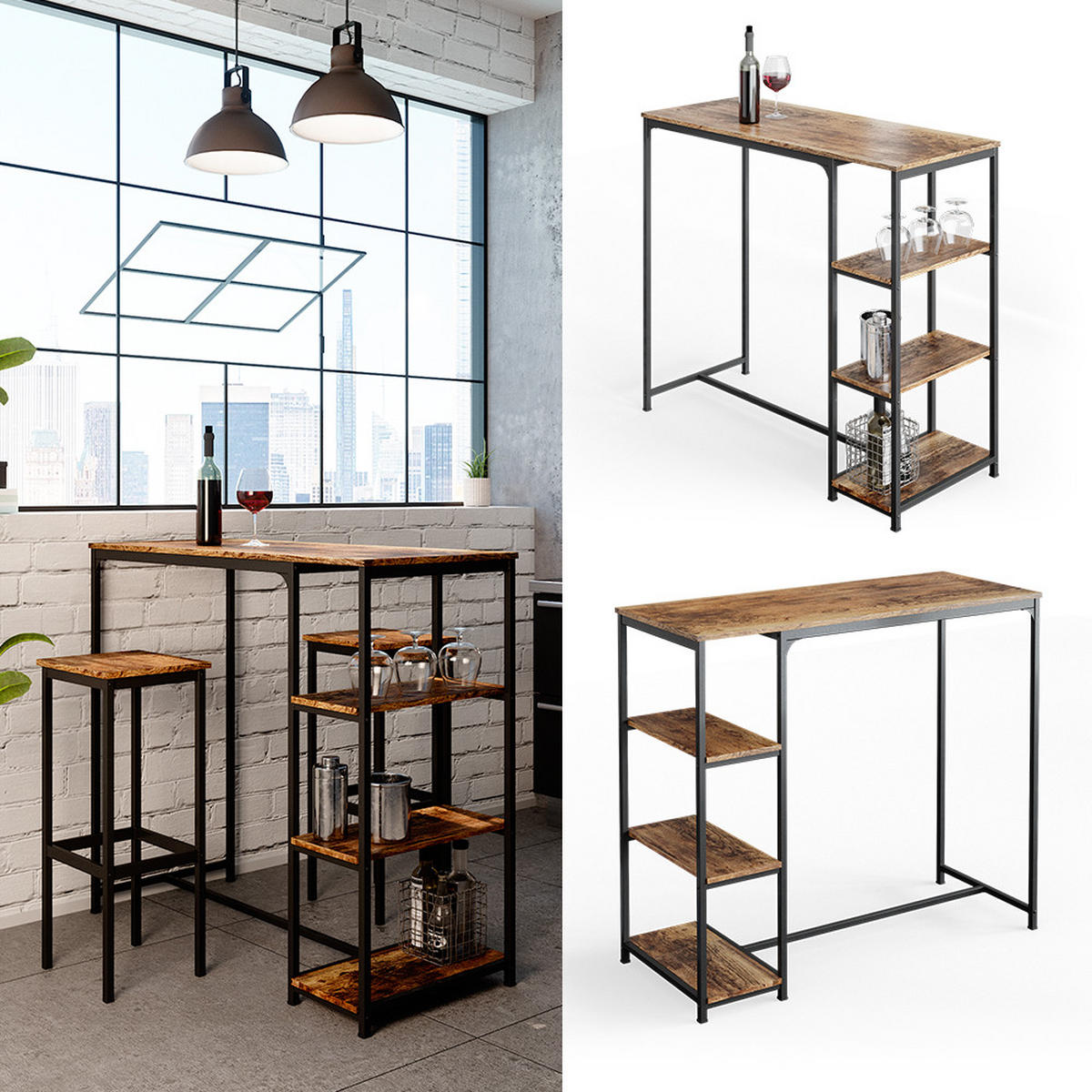 BARTISCH Fyrk, Eiche rustikal/Schwarz, 120 x 50 cm mit Regalen - Nussbaumfarben/Schwarz, Holz (120/105/50cm) - Vicco